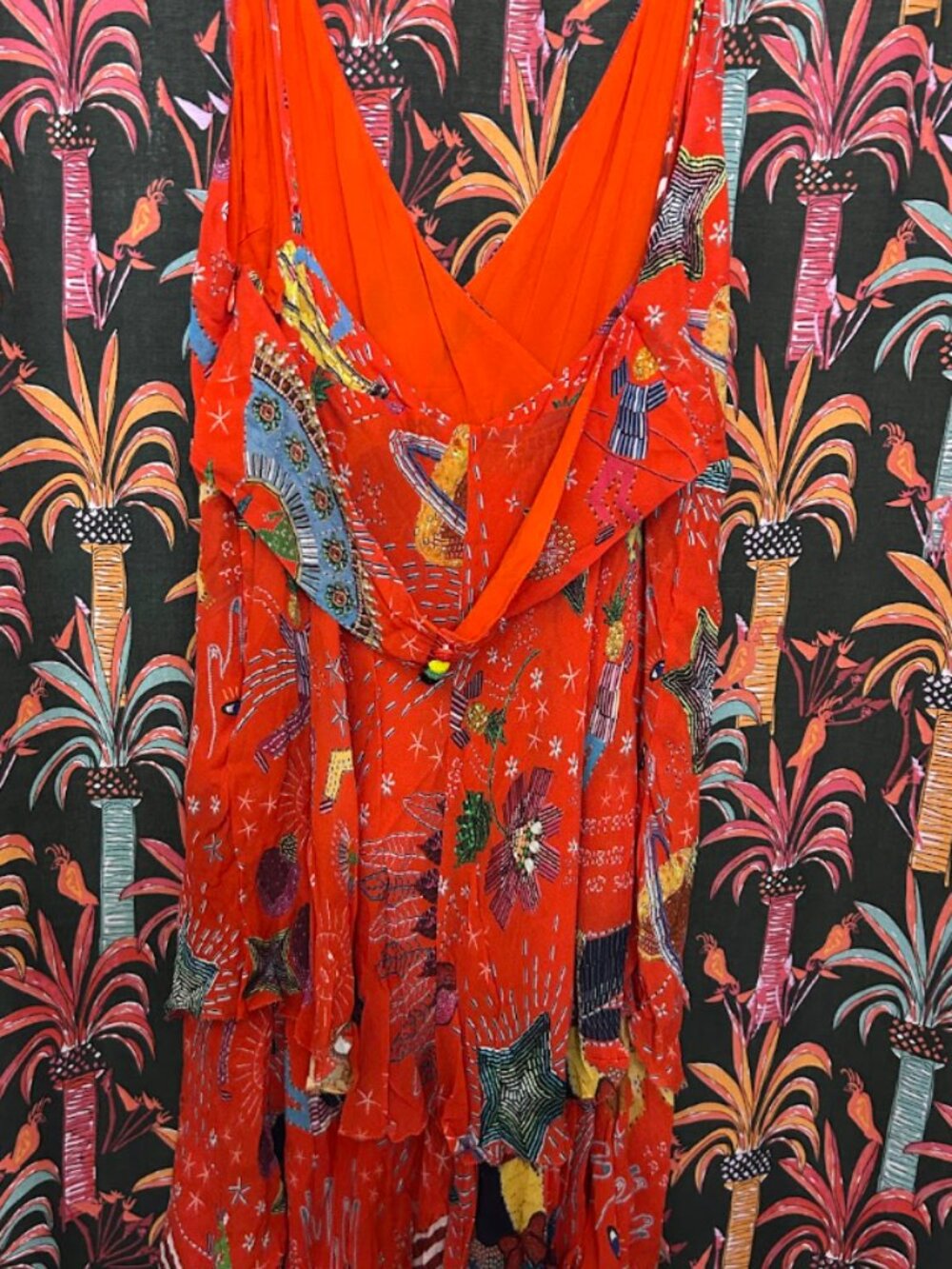 NWT XL FARM RIO CARNIVAL RED MULTI PRINT TIERED MIDI DRESS BRAZIL FESTIVAL PARTY - Picture 3 of 8